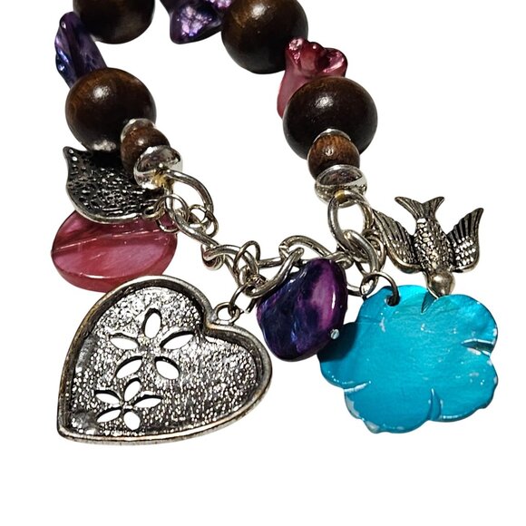 Handcrafted Charm Bracelet Wooden Beads Metal Heart Bird Blue Floral Charms - Picture 6 of 8